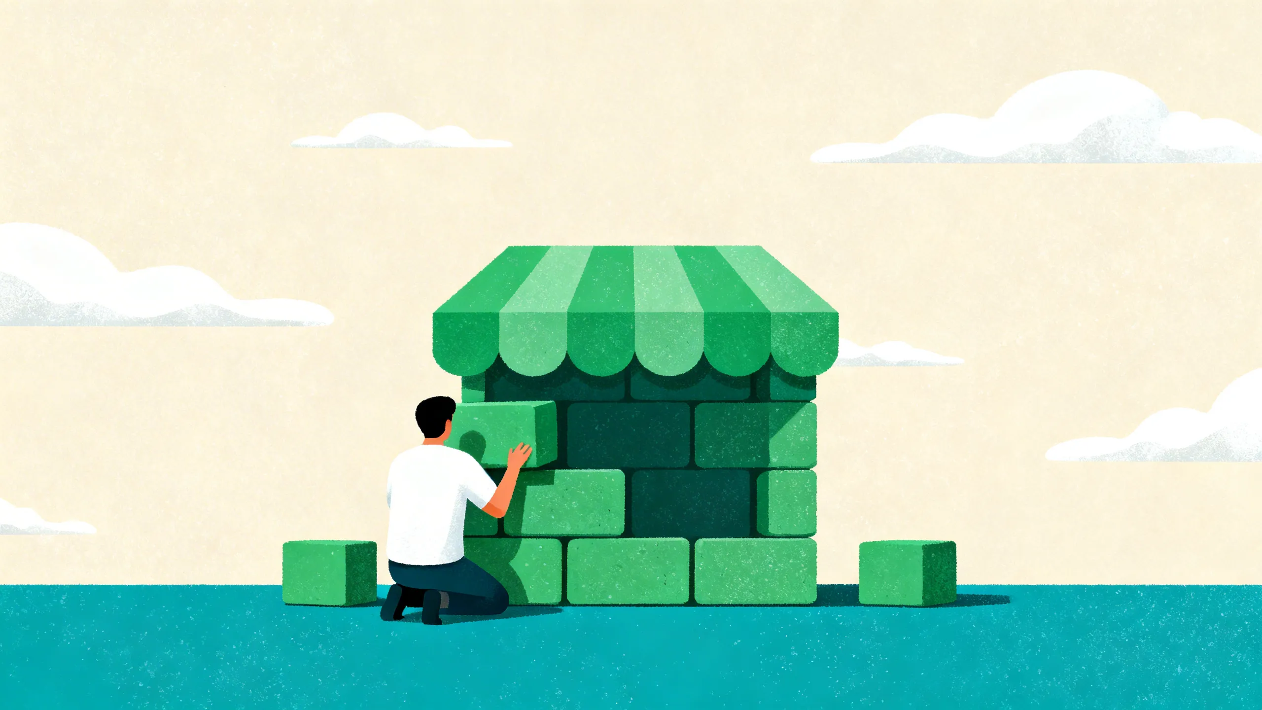 How to start a Shopify agency, illustrated with a person building a storefront