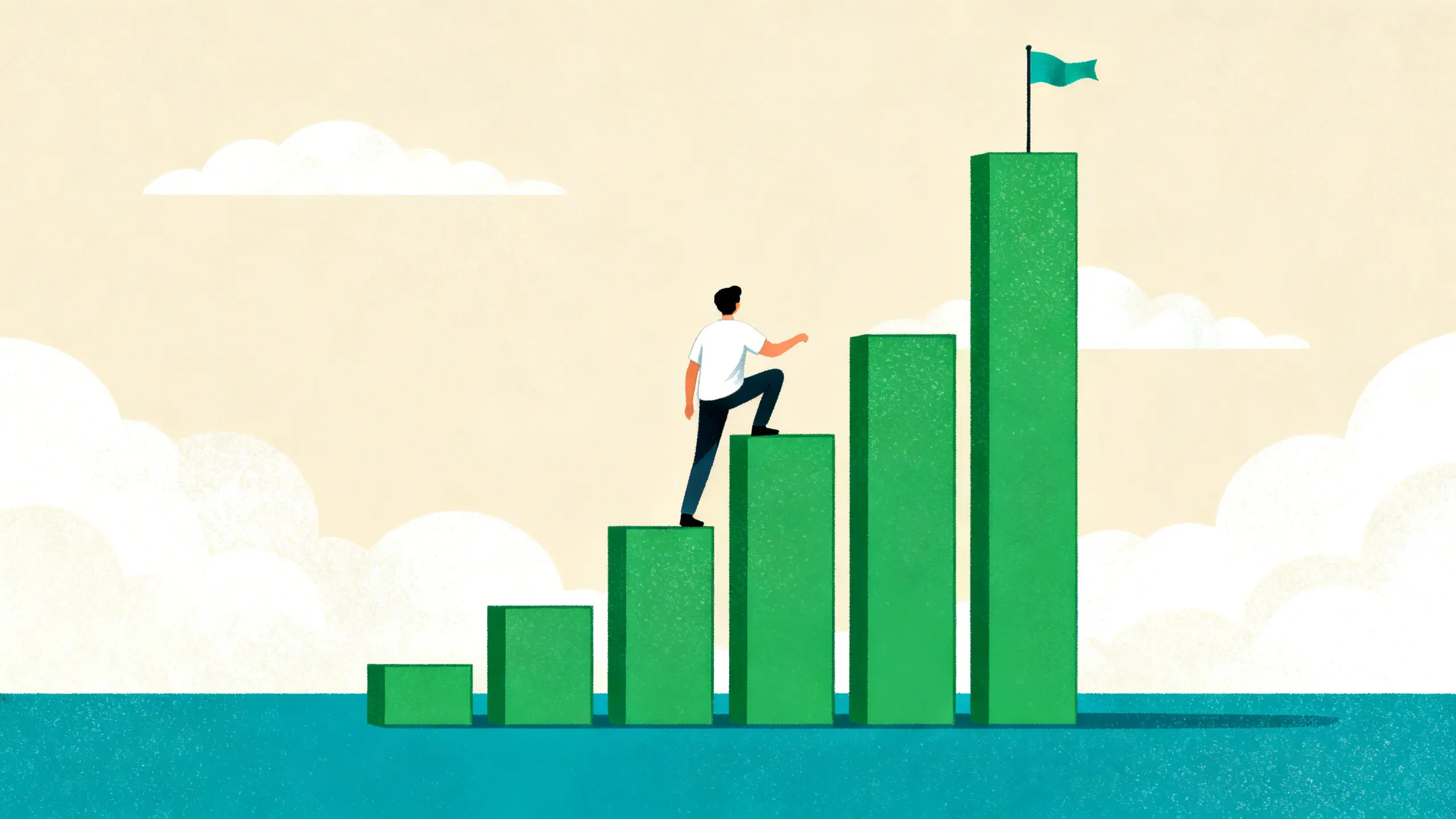 Illustration of a person climbing a bar chart showing Shopify store growth tiers