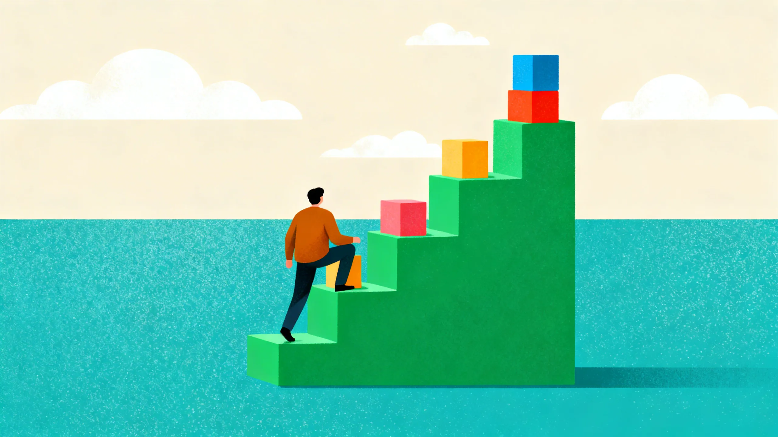 Illustration of a person climbing a staircase of growing Shopify store blocks